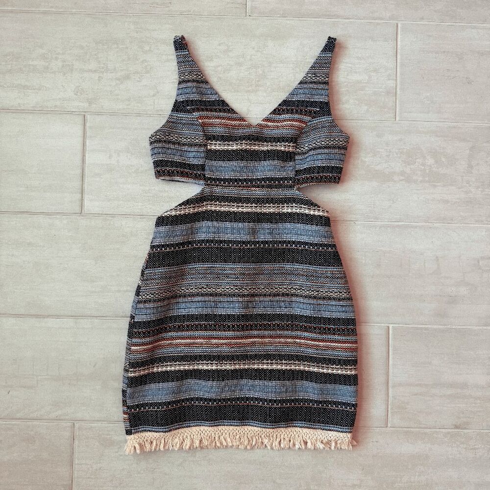 Venus Mini Dress Woven Tapestry Cut Out Coastal Boho V Neck Fringe Hemline Beach